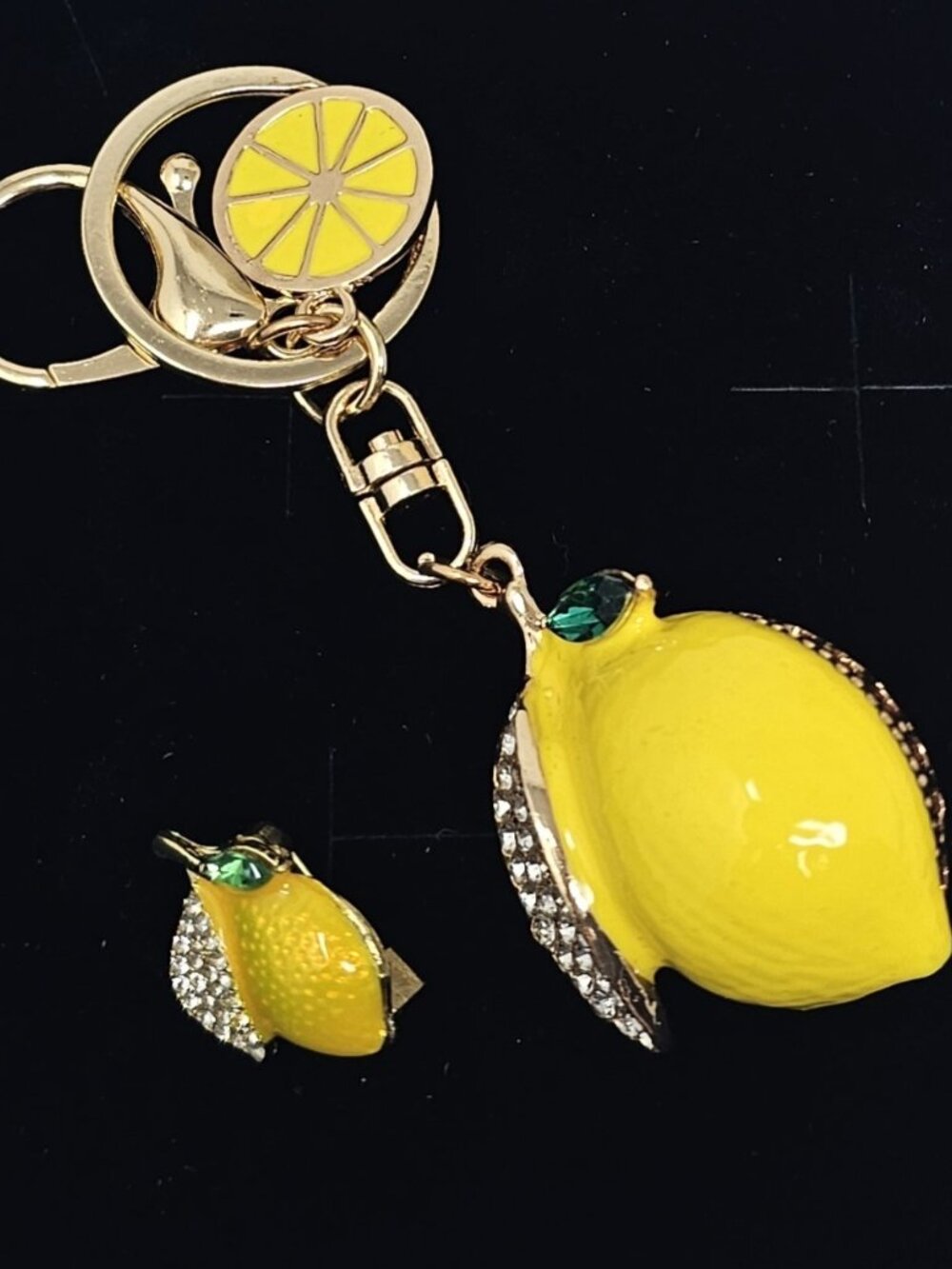 Lemon Keychain + Matching Lemon Pin Set, Yellow Enamel Rhinestone Purse Charm - Picture 5 of 8